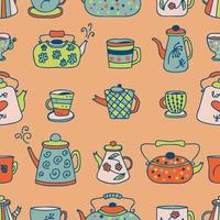 Hand drawn teapot, cups and mugs seamless pattern. vector