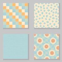 Daisy flowers, trippy grid, wavy checkerboard seamless pattern set. vector