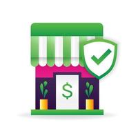 Shopping building with shield and check mark icon as a symbol of customer safety. - Vector. vector