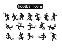 un conjunto de pictogramas de acción de jugadores de fútbol o iconos de figuras de palos vector