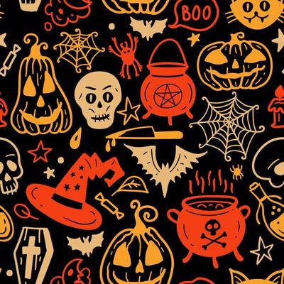 Bright seamless pattern of horror Halloween hand drawn doodle elements.
