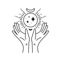 Hands holding the planet. Stars. Gypsy sacred element boho style. vector