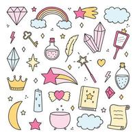 Hand drawn set of kids magic and fantasy doodle. Rainbow, crystal, mirror, stars in sketch style.