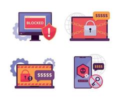 conjunto de ilustración de concepto de dispositivos digitales de ataque de ransomware vector