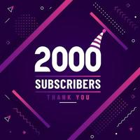 Thank you 2000 subscribers, 2K subscribers celebration modern colorful design. vector