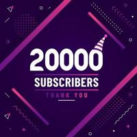 gracias 20000 suscriptores, 20k suscriptores celebración diseño moderno y colorido. vector