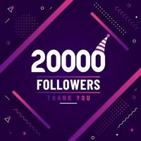 gracias 20000 seguidores, celebración de 20k seguidores diseño moderno y colorido. vector