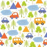 Cute forest capming seamless vector pattern with cars for kids textile