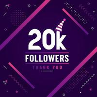 gracias 20k seguidores, 20000 seguidores celebración diseño colorido moderno. vector