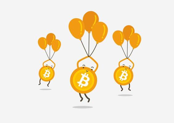 Bitcoin growth to the moon, crypto currency, cryptocurrency rising over clouds. overheated crypto currency market concept. bitcoin as bubble or balloon.