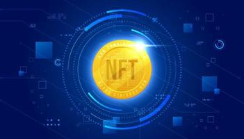 Gold coin NFT non fungible token on dark blue background. Pay for unique collectibles in games or art. Simple futuristic modern geometric connection line background. vector