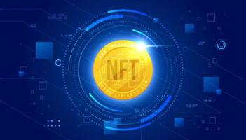 Gold coin NFT non fungible token on dark blue background. Pay for unique collectibles in games or art. Simple futuristic modern geometric connection line background. vector