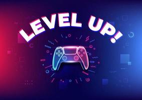 Level up, Neon game controller or joystick for game console on blue background. vector