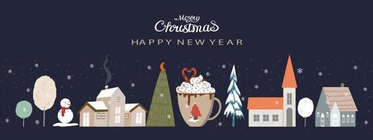 Christmas and Happy New Year 2023 banner with Snowman, houses, Christmas trees, Hot chocolate drink on night blue sky background. Vector illustration panorama backdrop for Holiday concept