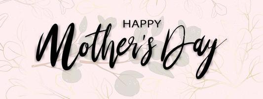 Mother's day banner with Eucalyptus branches leaves border on peach background, Vector illustration horizontal backdrop of greenery leaves and gold element branches, Flat design of beautiful botanical