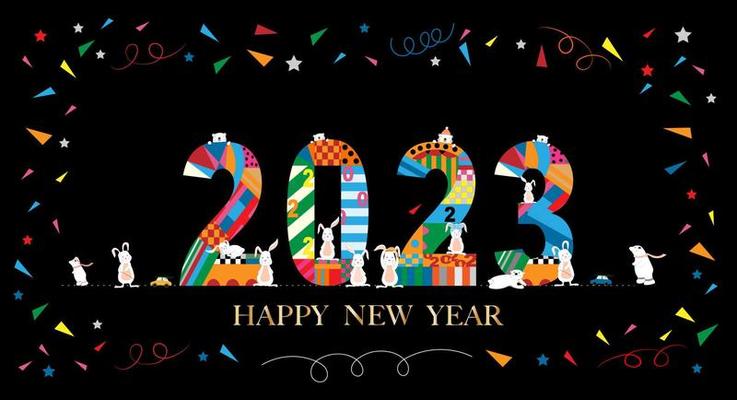 2023 Typography text font with rabbit and polar bear in geometric style on black background,Vector horizon background for banner, flyer, poster, calendar for Chinese New Year 2023 with rabbit symbol
