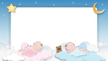 tarjeta de ducha de bebé, lindo niño gemelo, niña durmiendo en una nube esponjosa con luna creciente y estrella en el fondo del cielo azul, fondo de paisaje de nubes cortado en papel vectorial con espacio de copia para la foto del bebé recién nacido vector