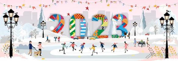 tarjeta de feliz año nuevo 2023, paisaje invernal vectorial en la ciudad con gente celebrando en la víspera de Navidad. País de las maravillas invernal en la ciudad con niños felices jugando patinaje sobre hielo en el parque de la ciudad