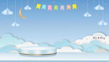 Cloud with Blue Sky background, Vector illustration Cloudscape  layers 3D paper cut style with copy space for text. Horizontal banner for Spring sale or Summertime season