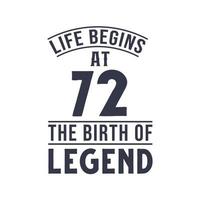 72nd birthday design, Life begins at 72 the birthday of legend vector