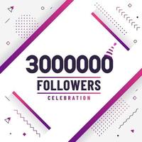 gracias 3000000 seguidores, celebración de 3 millones de seguidores, diseño moderno y colorido. vector