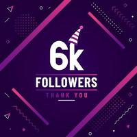 gracias 6k seguidores, 6000 seguidores celebración diseño colorido moderno. vector