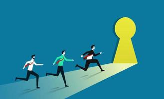 Businessmen running toward key hole. New way business beginnings and unlock future. Ambitious people running to career potential and work financial success concept vector