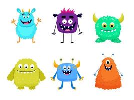 Set of cute colorful monsters. Funny cool cartoon fluffy monster, aliens or fantasy animals for childish cards and books. Hand drawn flat vector illustration isolated on white.