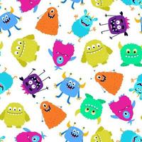 Seamless pattern with cute colorful monsters. Funny cool cartoon fluffy monster, aliens or fantasy animals for childish cards and books. Vector endless pattern on white.