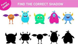 Find correct pair or shadow game with funny colorful monsters. Worksheet for preschool kids, kids activity sheet, printable task. vector