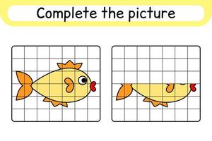 Complete the picture fish. Copy the picture and color. Finish the image. Coloring book. Educational drawing exercise game for children vector