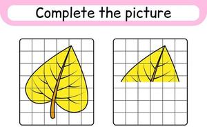 Complete the picture leaf birch. Copy the picture and color. Finish the image. Coloring book. Educational drawing exercise game for children vector