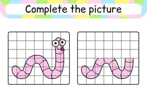 Complete the picture worm. Copy the picture and color. Finish the image. Coloring book. Educational drawing exercise game for children vector