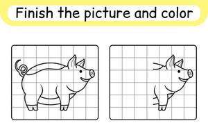 Complete the picture pig. Copy the picture and color. Finish the image. Coloring book. Educational drawing exercise game for children vector