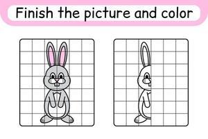 Complete the picture rabbit. Copy the picture and color. Finish the image. Coloring book. Educational drawing exercise game for children vector