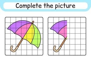 Complete the picture umbrella. Copy the picture and color. Finish the image. Coloring book. Educational drawing exercise game for children vector