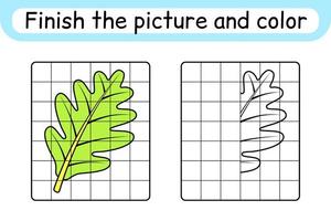 Complete the picture leaf oak. Copy the picture and color. Finish the image. Coloring book. Educational drawing exercise game for children vector