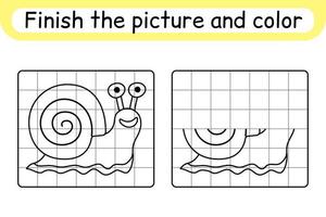 completar la imagen del caracol. copiar la imagen y el color. terminar la imagen. libro de colorear. juego educativo de ejercicios de dibujo para niños vector