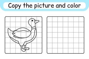 Copy the picture and color duck. Complete the picture. Finish the image. Coloring book. Educational drawing exercise game for children vector
