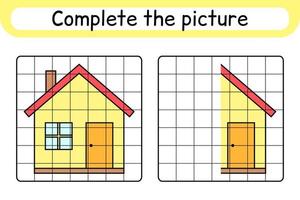 completa la imagen de casa. copiar la imagen y el color. terminar la imagen. libro de colorear. juego educativo de ejercicios de dibujo para niños vector