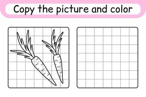 Copy the picture and color carrot. Complete the picture. Finish the image. Coloring book. Educational drawing exercise game for children vector