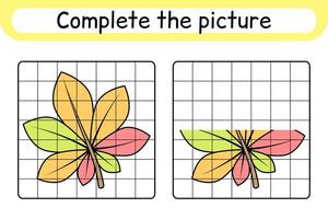 Complete the picture leaf chestnut. Copy the picture and color. Finish the image. Coloring book. Educational drawing exercise game for children vector