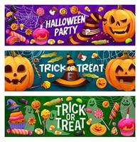 Halloween holiday cartoon banners, sweets, candies vector