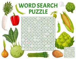 Cartoon farm vegetables, word search puzzle game vector