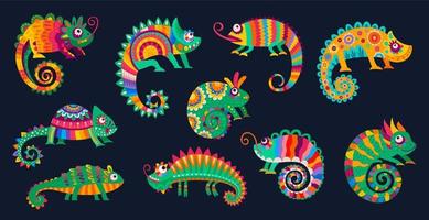 camaleones mexicanos de dibujos animados, lagartos, reptiles divertidos vector