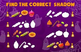 Shadow matching game with Halloween holiday sweets vector