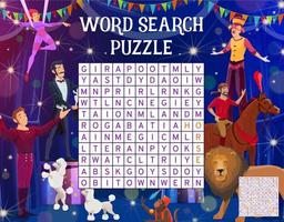 Cartoon shapito circus, word search puzzle game vector