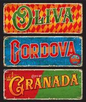 Oliva, cordova, granada spanish city old plates vector