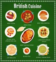 menú de restaurante de cocina británica con comida inglesa vector