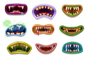 Scary and creepy drool monster grin jaws, mouths vector